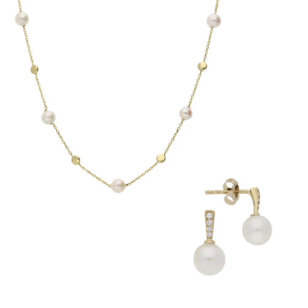 9ct Yellow Gold Pearl & Diamond Earrings and Necklace Set