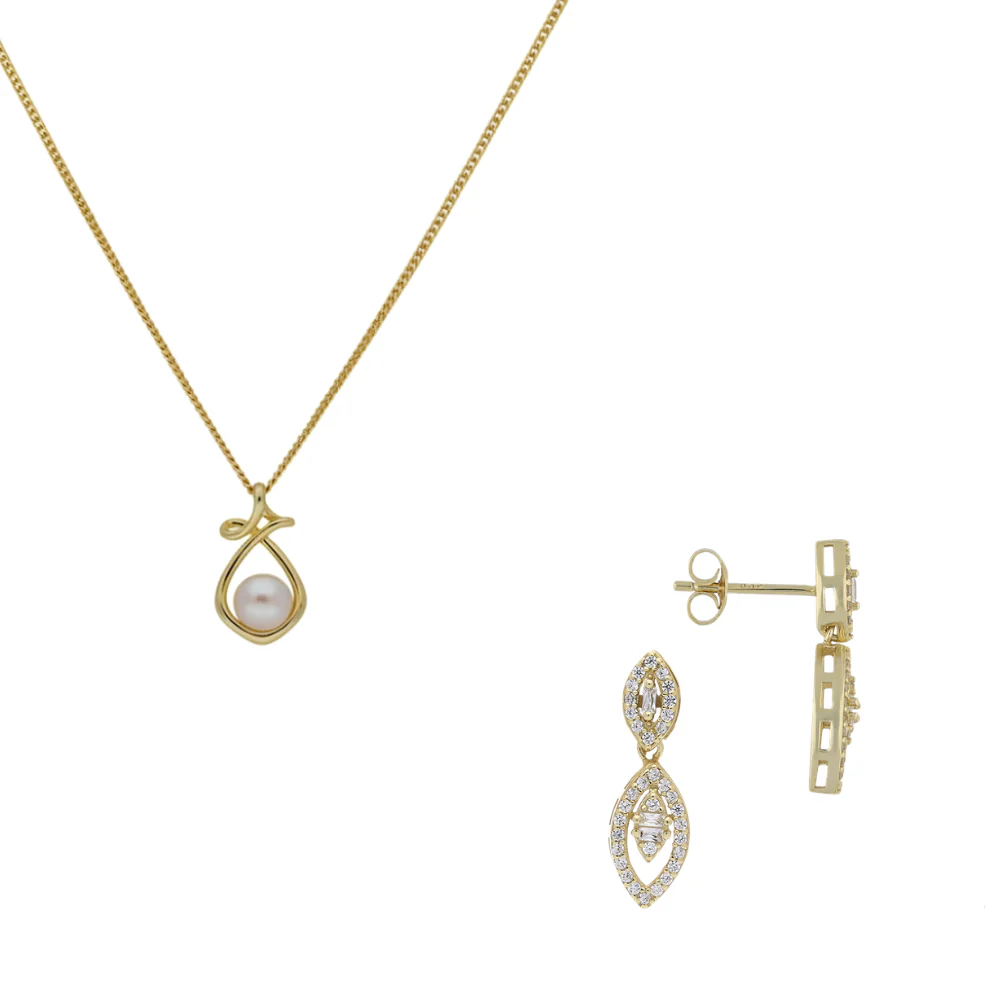 Gold Plated Pearl Pendant & Cubic Zirconia Earring Set