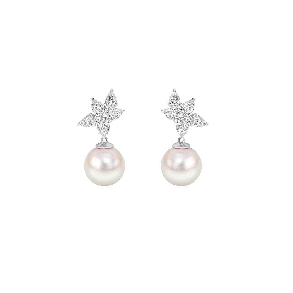 18ct White Gold Akoya Pearl & Marquise Diamond Cluster Earrings