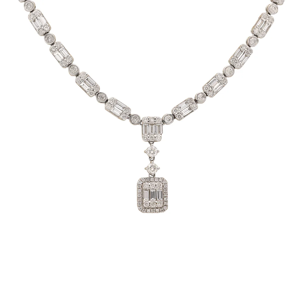 18ct White Gold Baguette Diamond Drop Necklace - Image 3