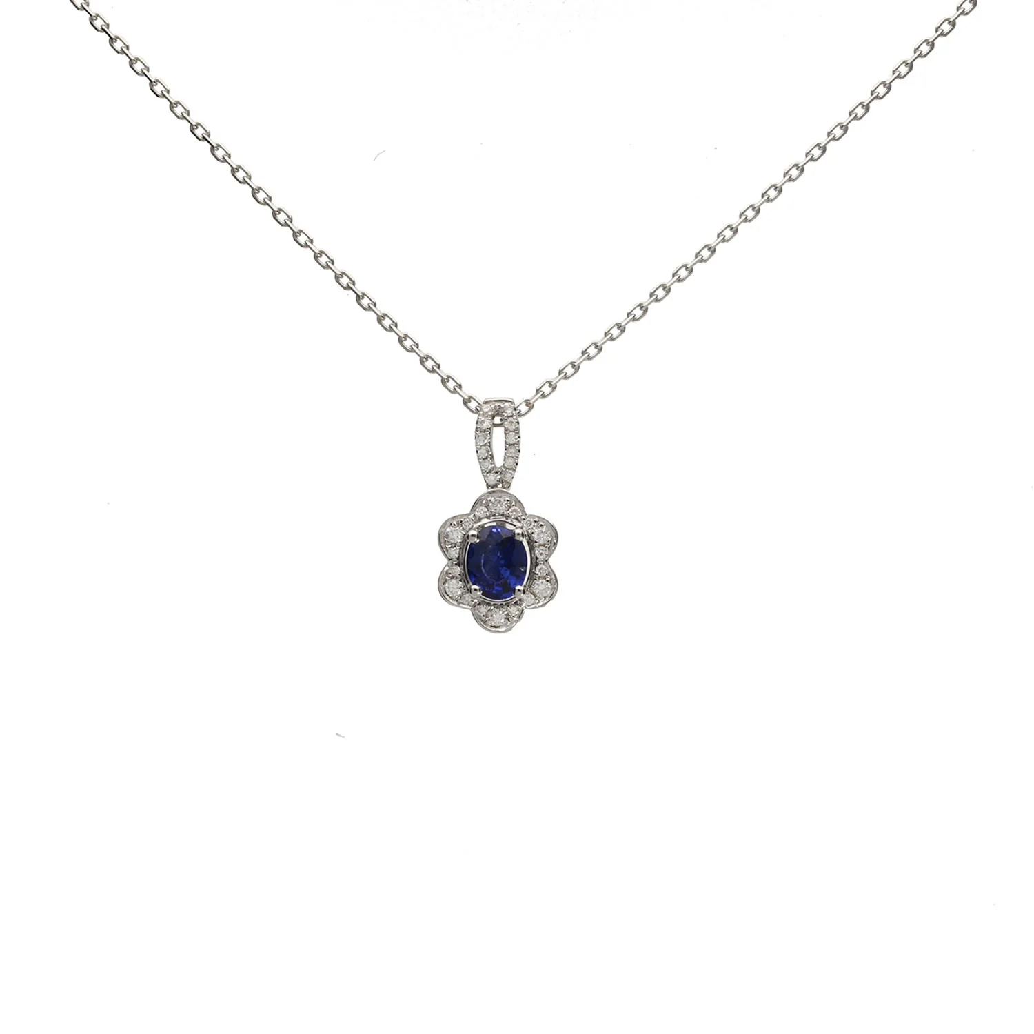 18ct White Gold Blue Sapphire and diamond Flower Pendant - Image 3