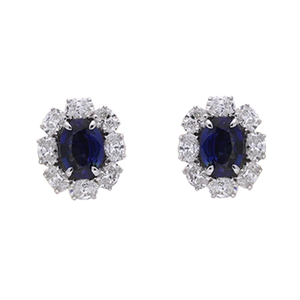 18ct White Gold Classic Oval Sapphire & Diamond Stud Earrings