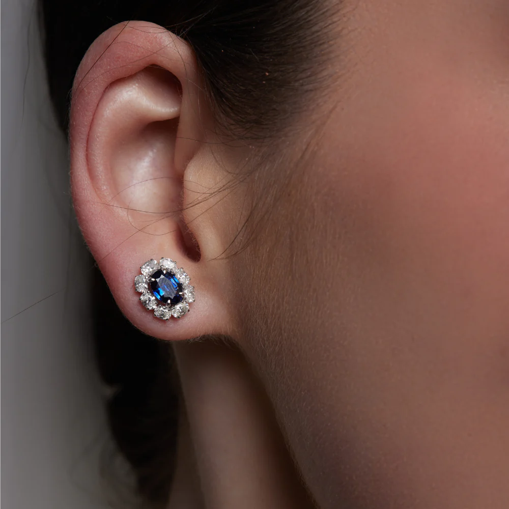 18ct White Gold Classic Oval Sapphire & Diamond Stud Earrings - Image 2