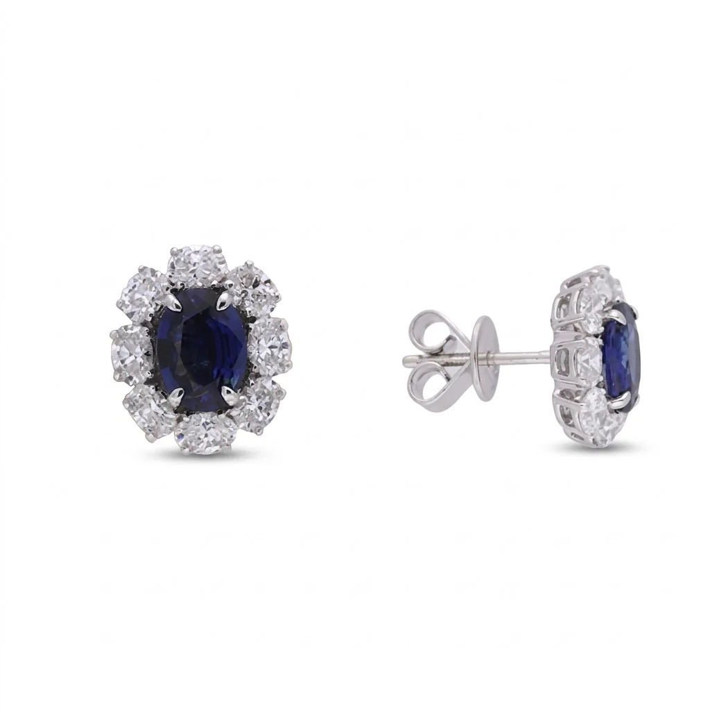 18ct White Gold Classic Oval Sapphire & Diamond Stud Earrings - Image 3