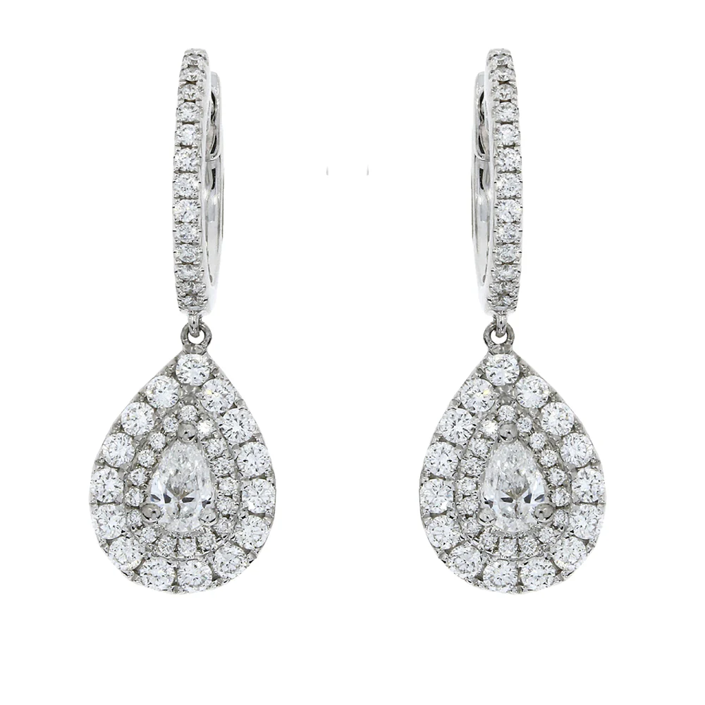 18ct White Gold Double Pear Diamond Halo Drop Earrings