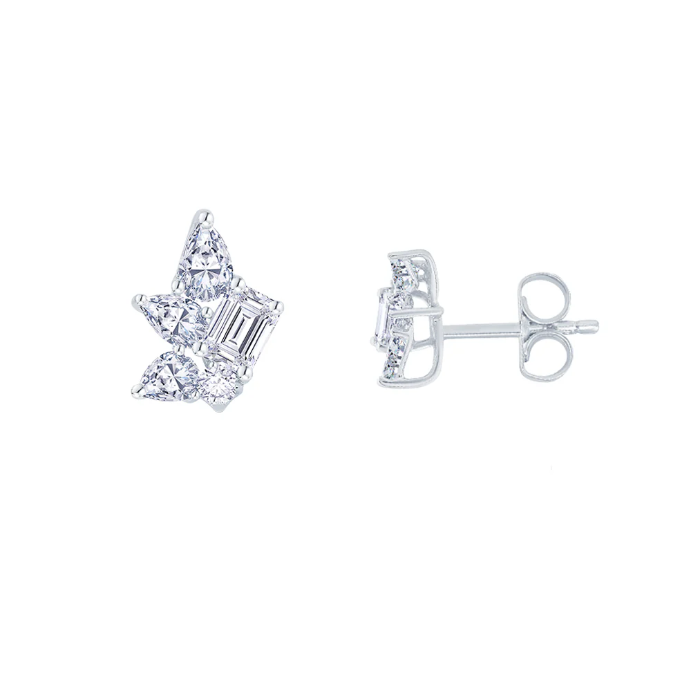 18ct White Gold Mixed Cut Diamond Cluster Earrings - Image 2