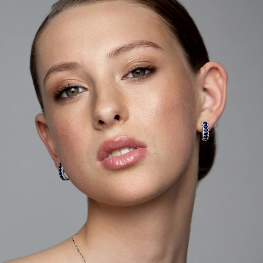 18ct White Gold Oval Sapphire and Diamond Hoop Earrings - Image 2