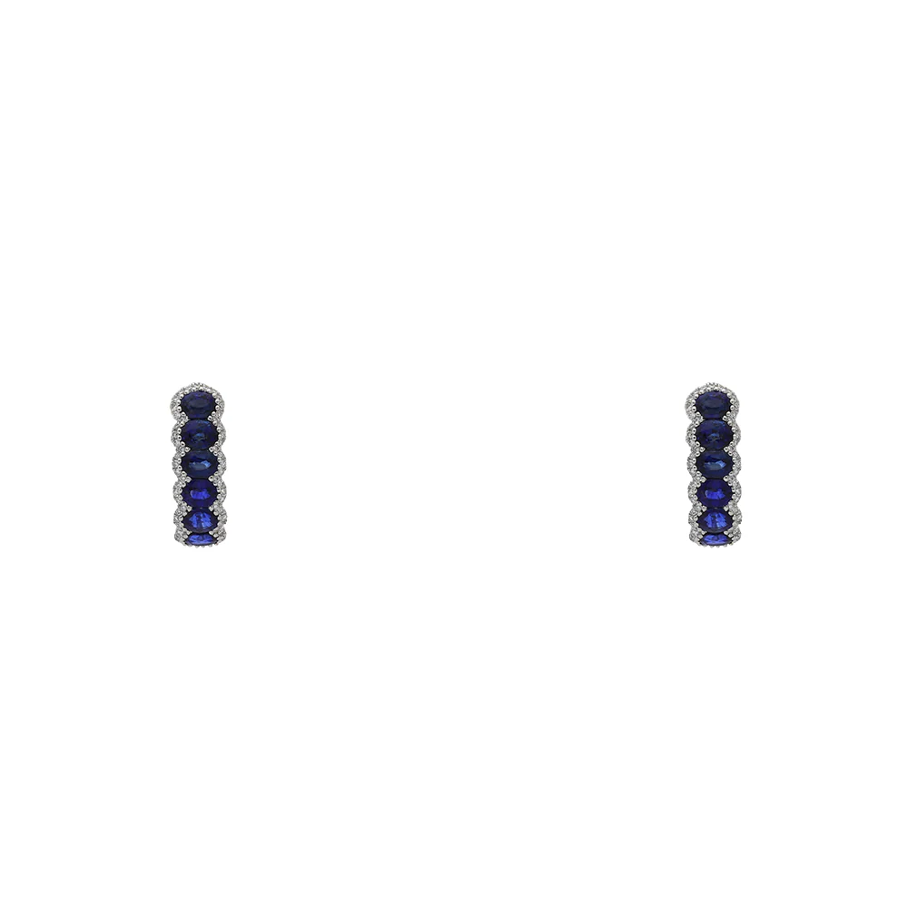 18ct White Gold Oval Sapphire and Diamond Hoop Earrings - Image 3
