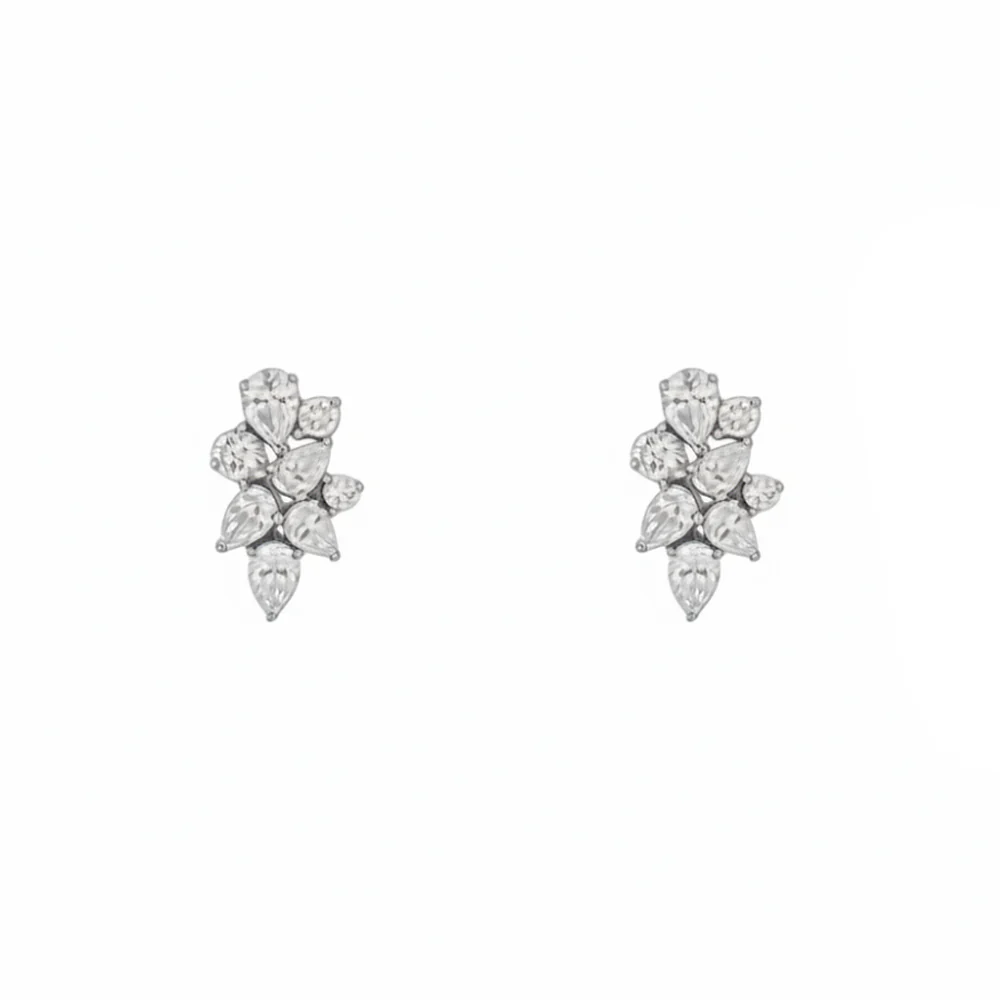 18ct White Gold Pear & Round Diamond Cluster Drop Earrings