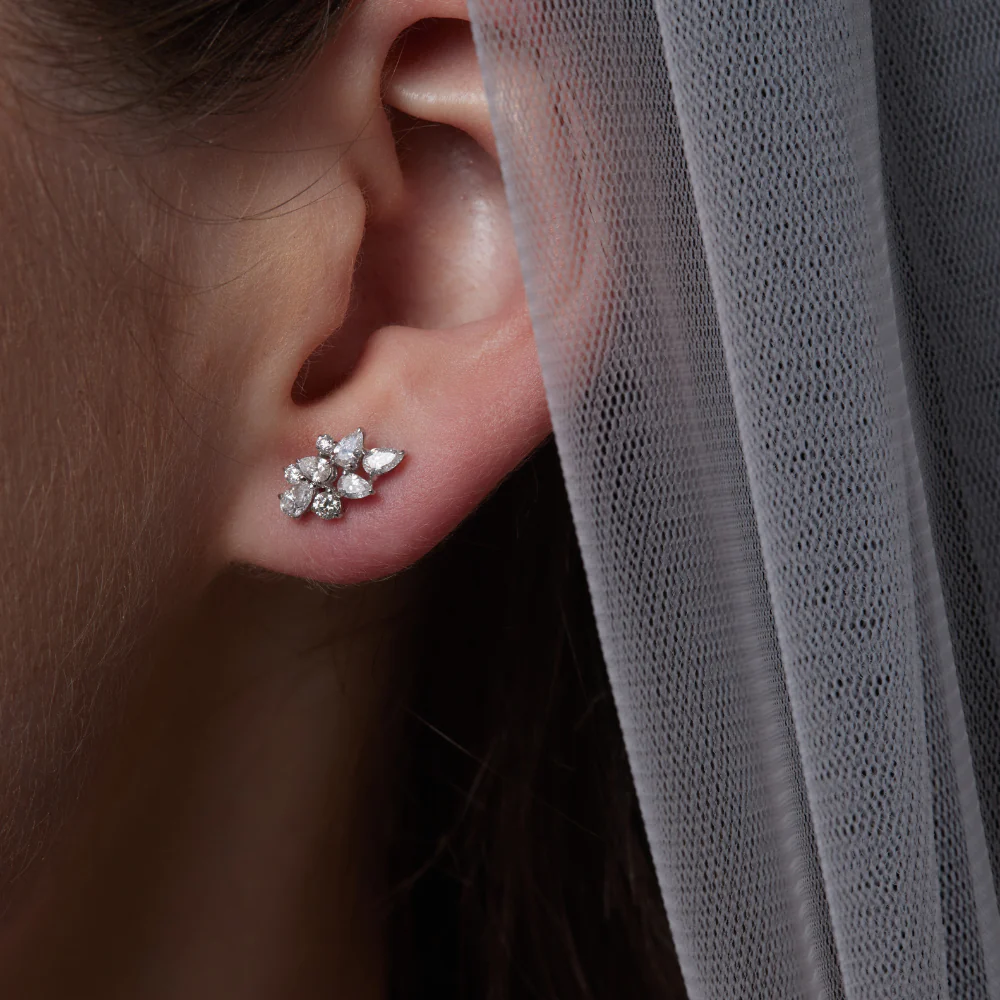 18ct White Gold Pear & Round Diamond Cluster Drop Earrings - Image 2