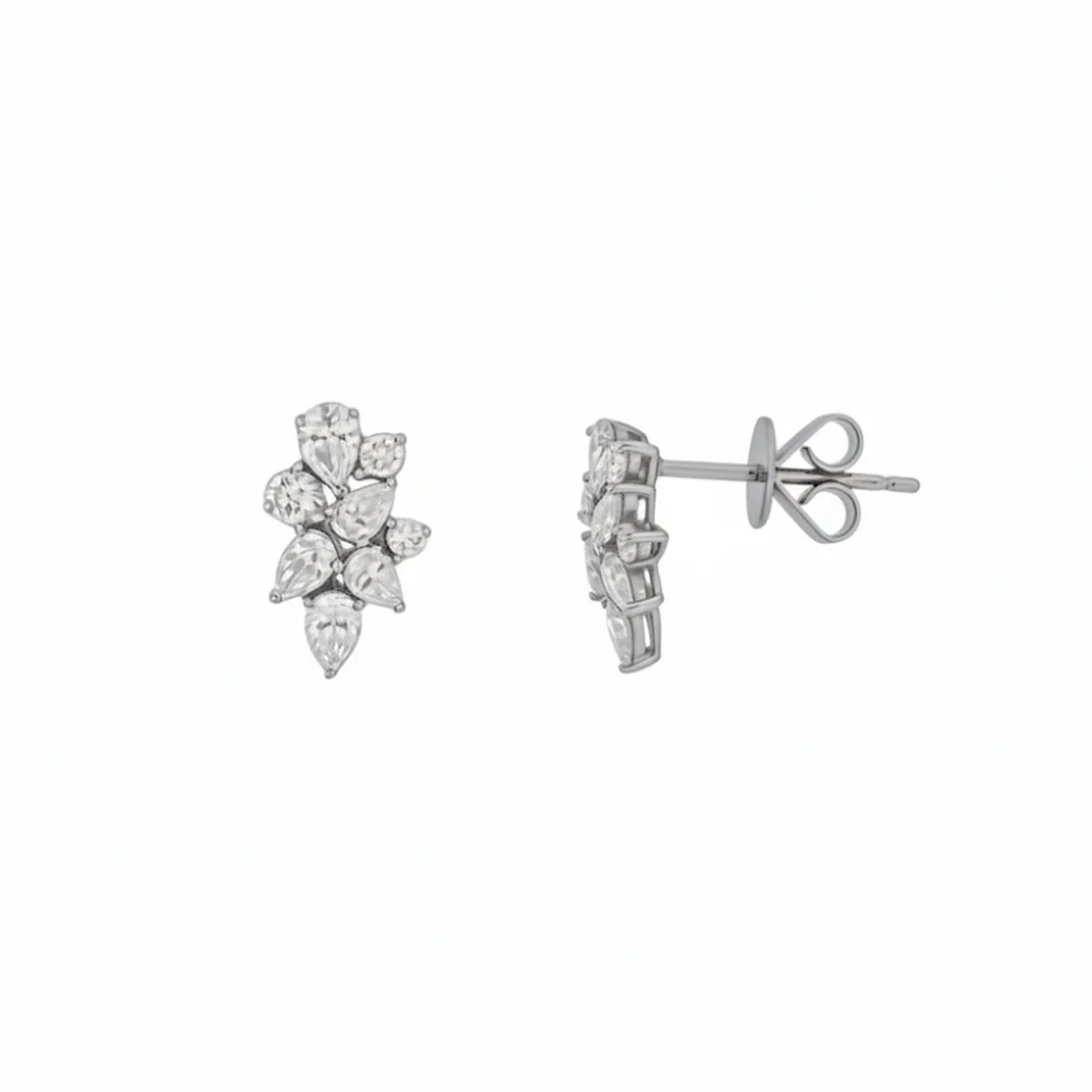 18ct White Gold Pear & Round Diamond Cluster Drop Earrings - Image 3