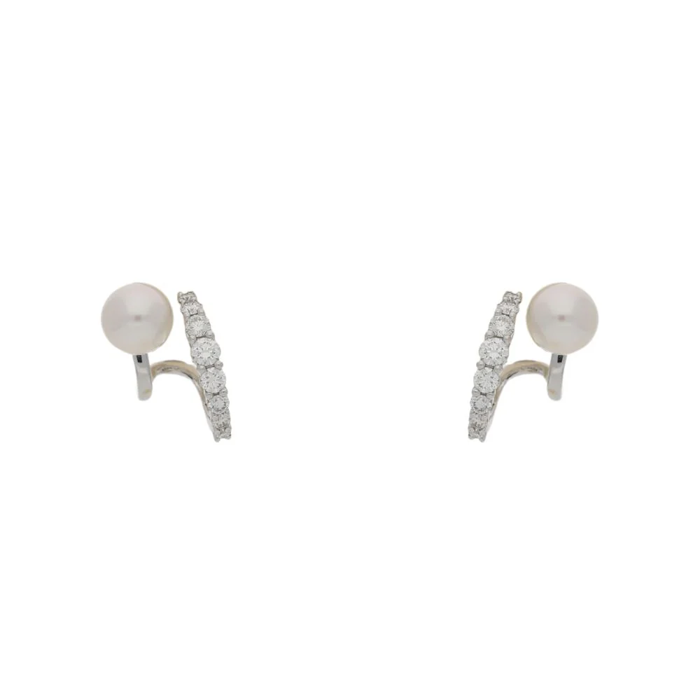 18ct White Gold Pearl and Diamond Double Huggie Hoops - Image 2