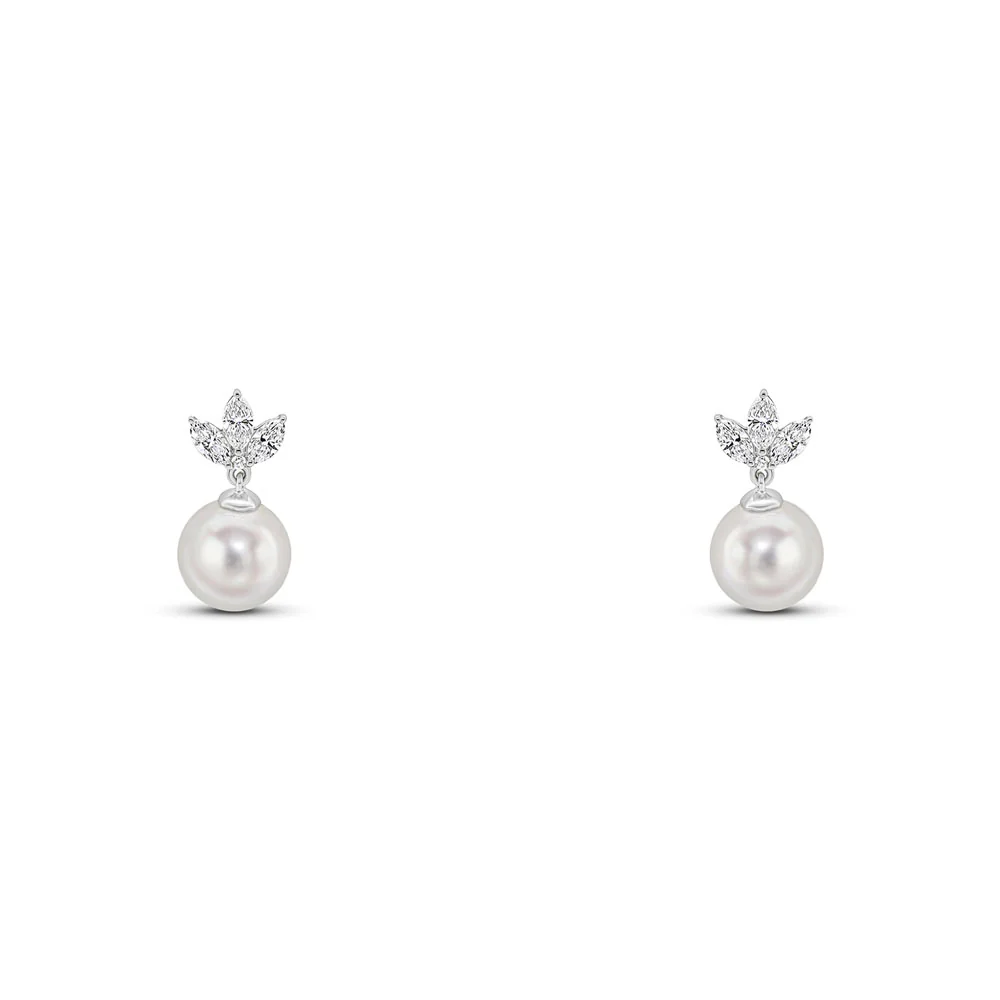 18ct White Gold Pearl and Marquise Diamond Drop Earrings