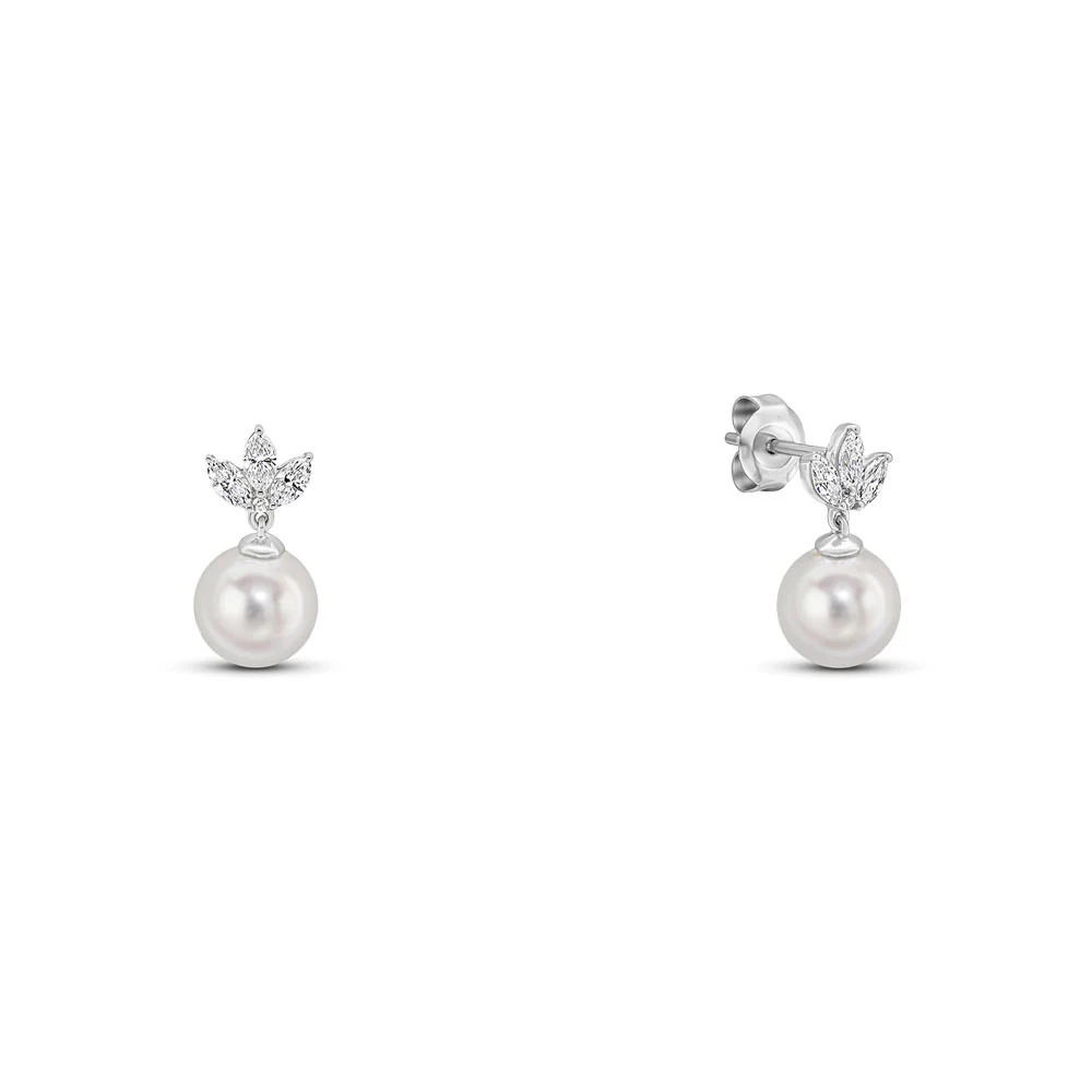 18ct White Gold Pearl and Marquise Diamond Drop Earrings - Image 3