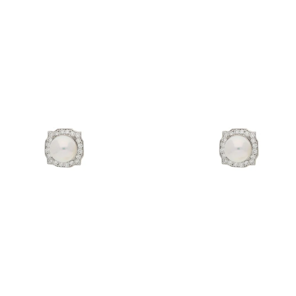 18ct White Gold Pearl with Square Halo Earrings