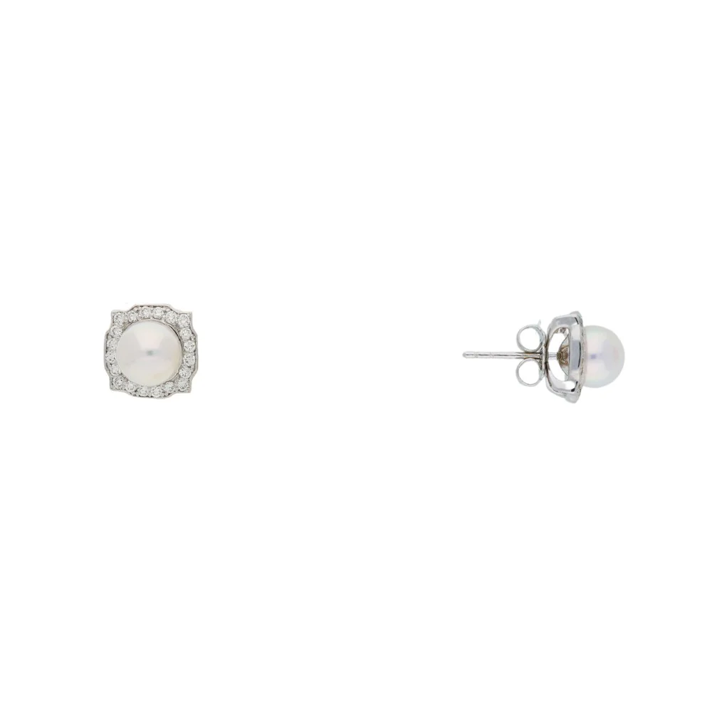 18ct White Gold Pearl with Square Halo Earrings - Image 5