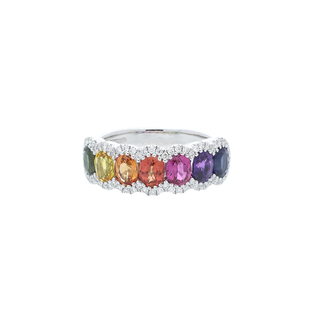 18ct White Gold Rainbow Sapphire and Diamond Ring