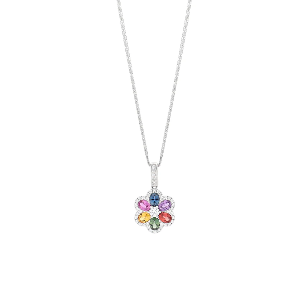 18ct White Gold Rainbow Sapphire Flower Pendant