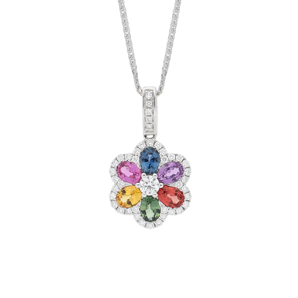 18ct White Gold Rainbow Sapphire Flower Pendant - Image 3