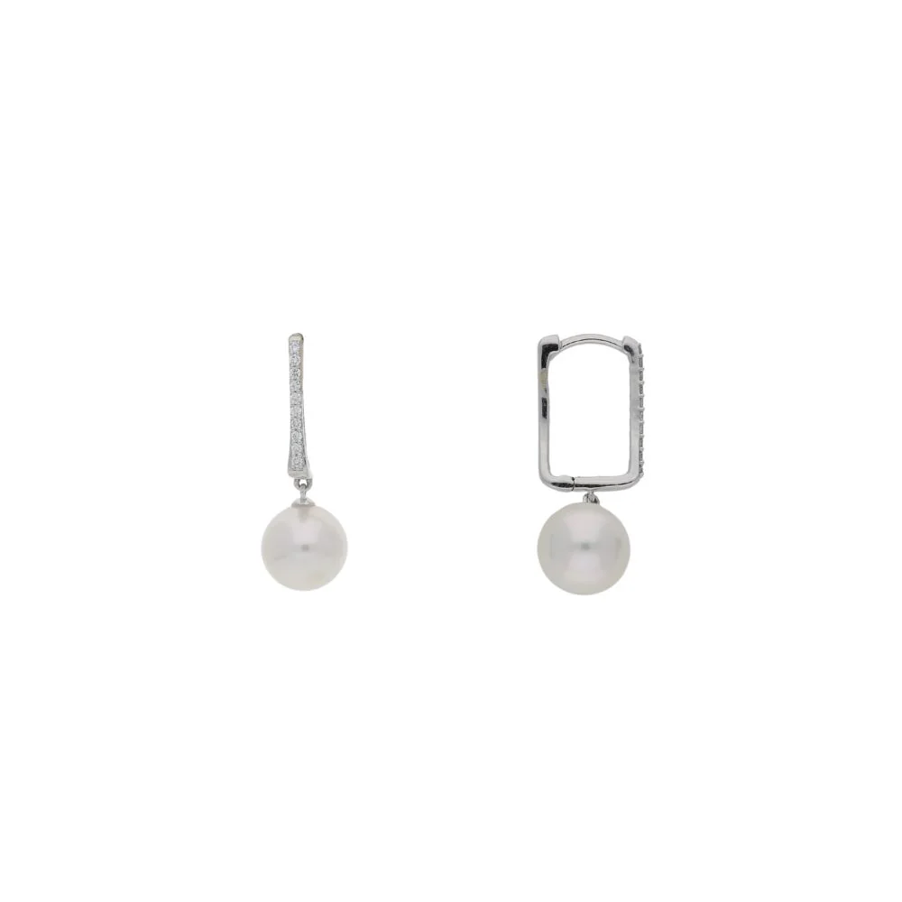 18ct White Gold Rectagular Diamond and Pearl Hoop Earrings