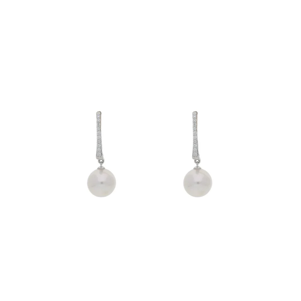 18ct White Gold Rectagular Diamond and Pearl Hoop Earrings - Image 2