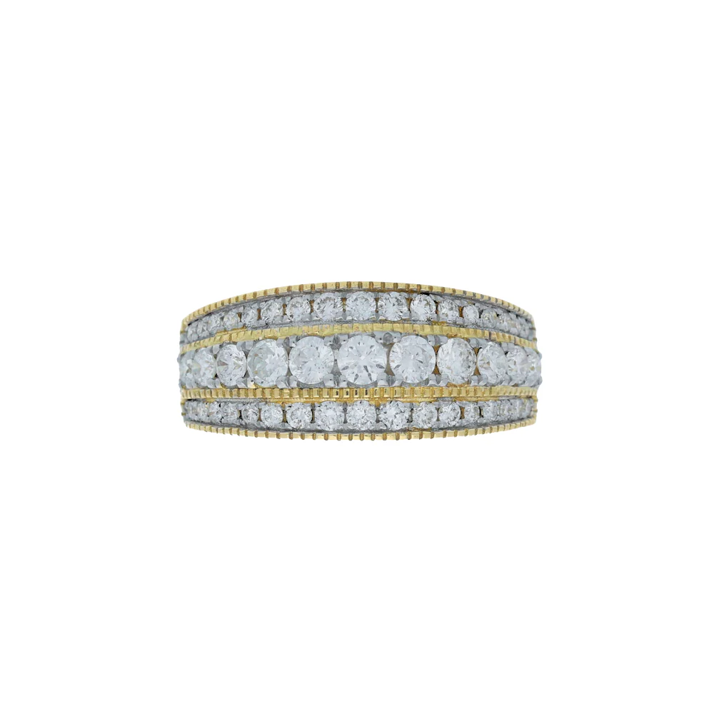 18ct Yellow Gold Beaded Three Row Diamond Ring