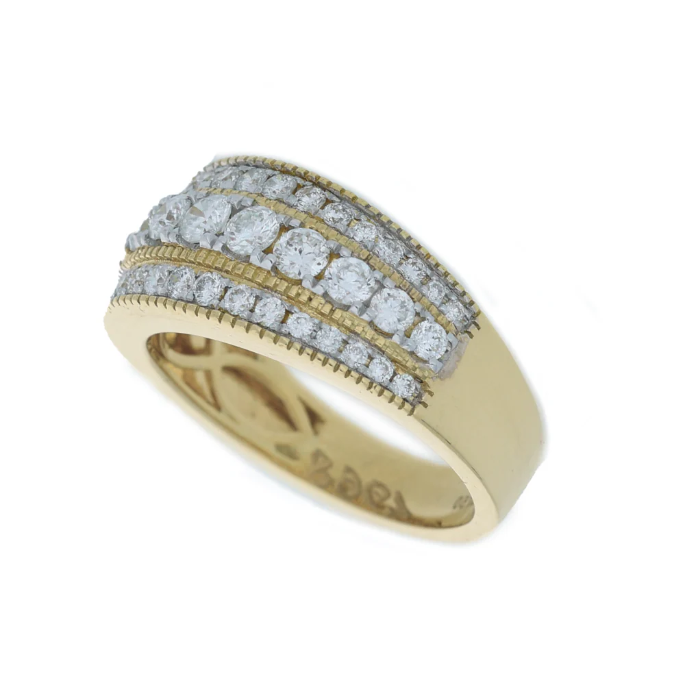 18ct Yellow Gold Beaded Three Row Diamond Ring - Image 4