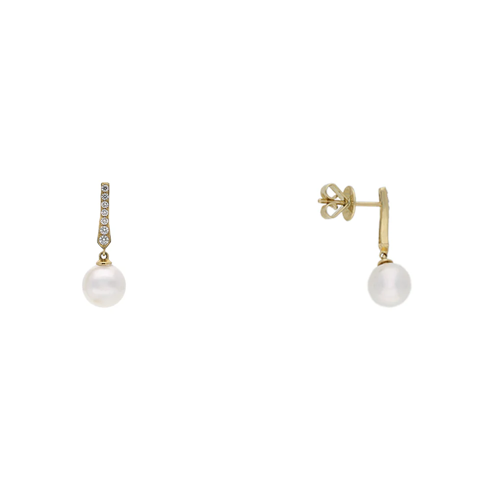 18ct Yellow Gold Diamond and Pearl Bar Drop Earring - Image 2