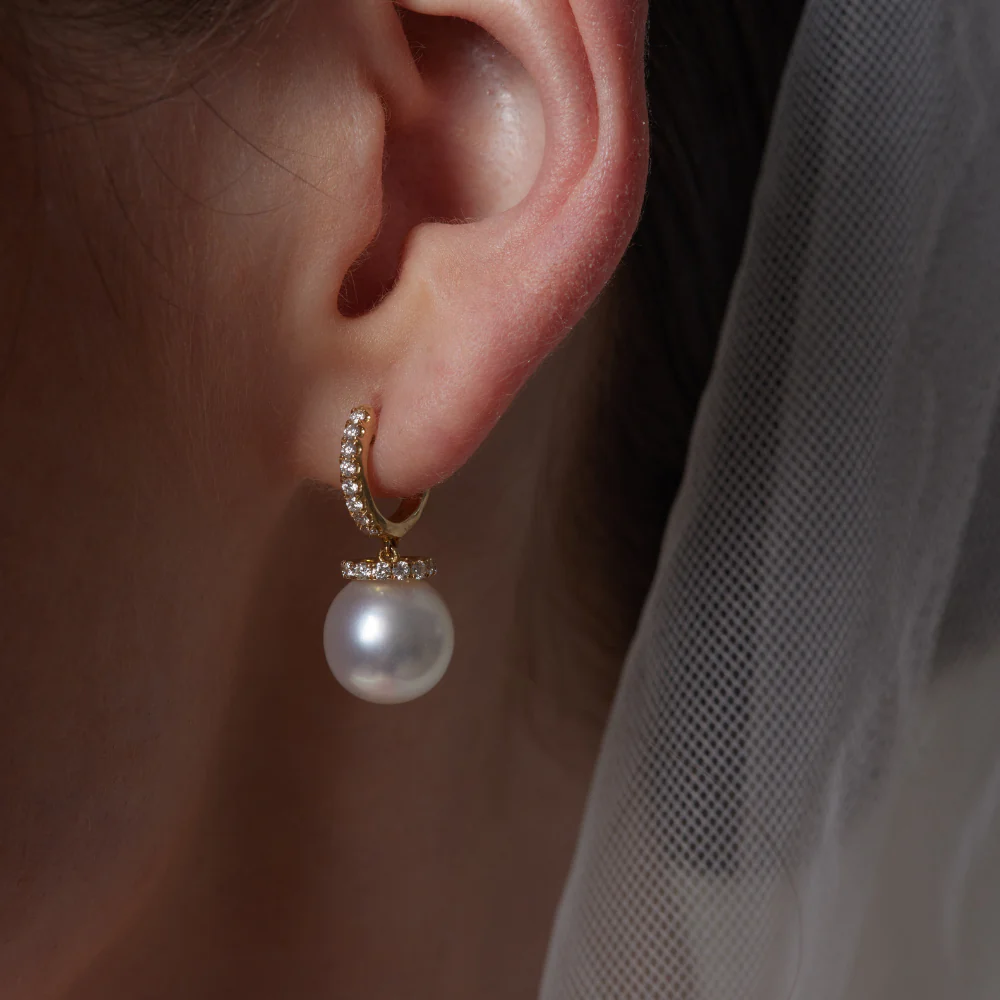 18ct Yellow Gold Diamond Hoops with Pearl Drop Earrings - Image 3