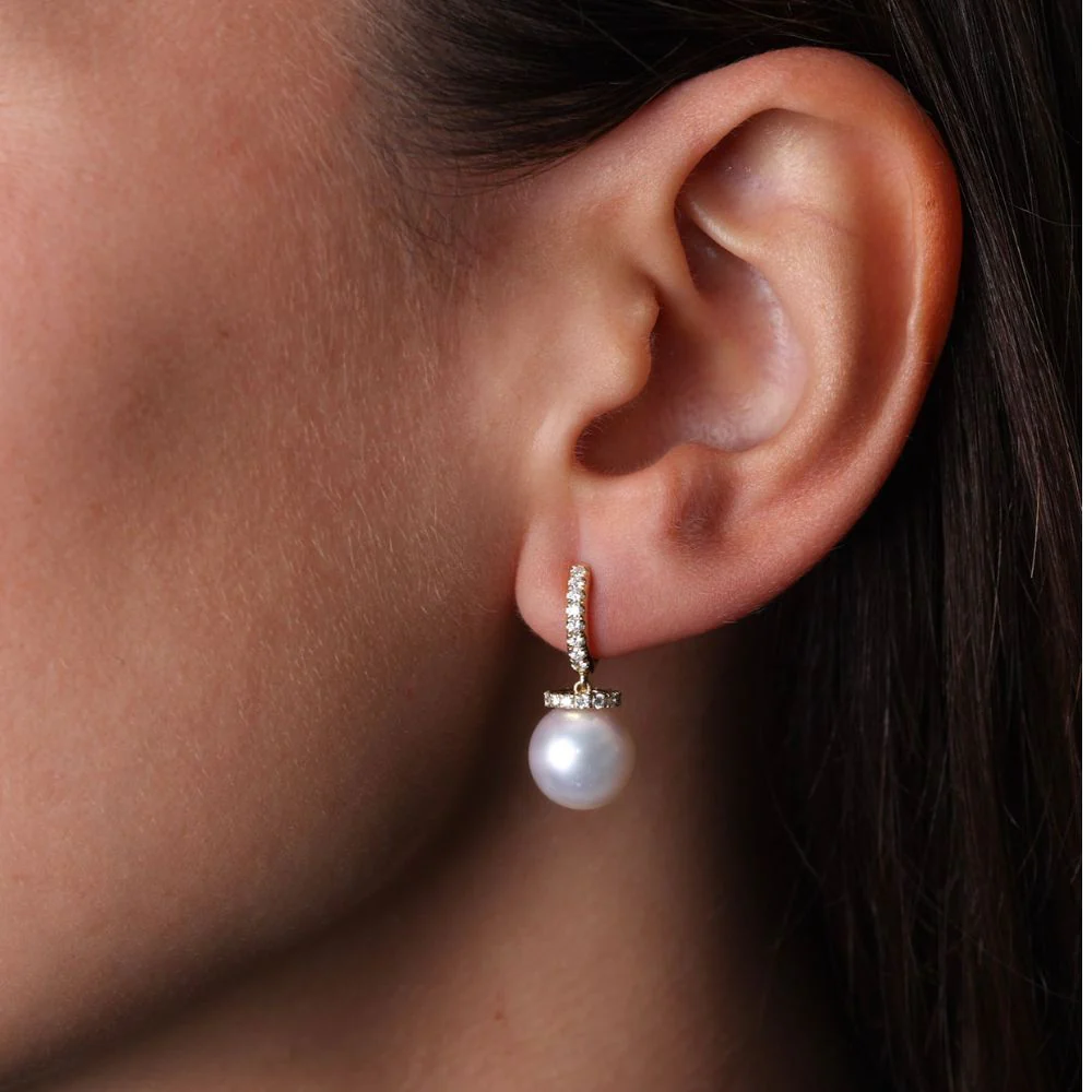 18ct Yellow Gold Diamond Hoops with Pearl Drop Earrings - Image 5