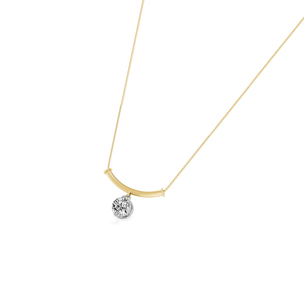 18ct Yellow Gold Diamond Solitaire and Plain Curved Bar Pendant - Image 3