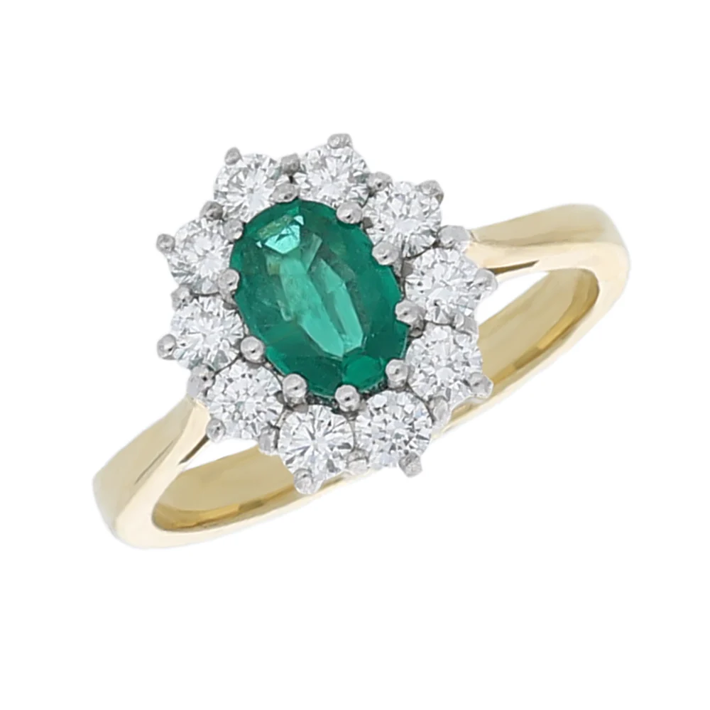 18ct Yellow Gold Oval Emerald and Diamond Cluster Engagement Ring