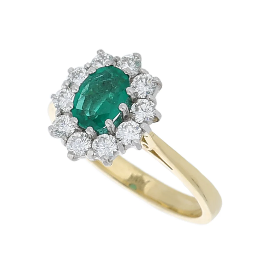 18ct Yellow Gold Oval Emerald and Diamond Cluster Engagement Ring - Image 2