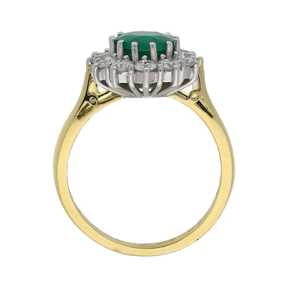 18ct Yellow Gold Oval Emerald with 12 Diamond Halo Ring - Image 3