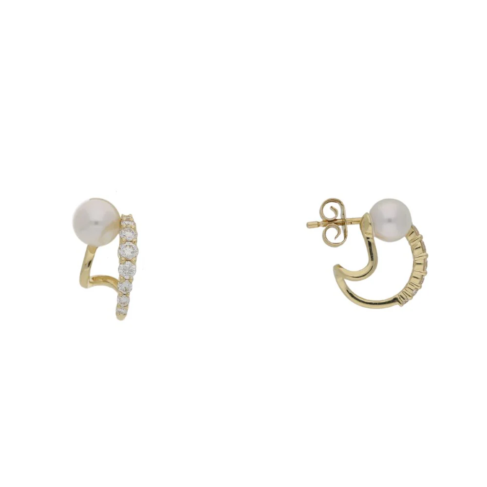 18ct Yellow Gold Pearl and Diamond Double Huggie Hoops