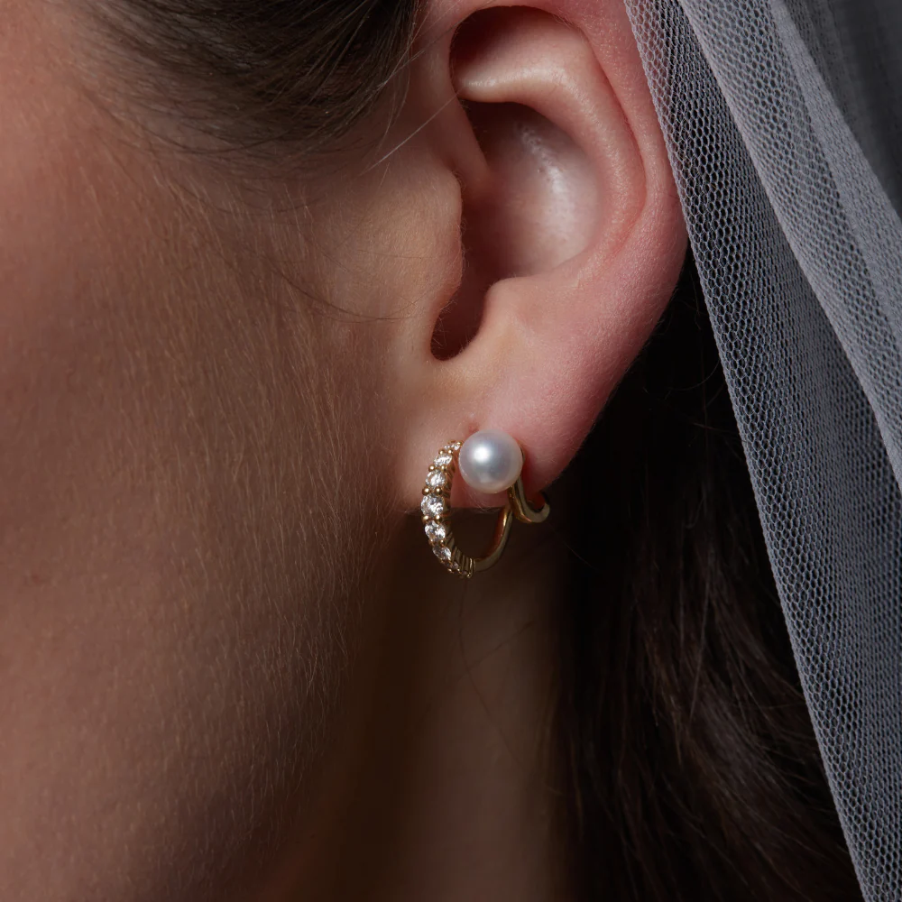 18ct Yellow Gold Pearl and Diamond Double Huggie Hoops - Image 2