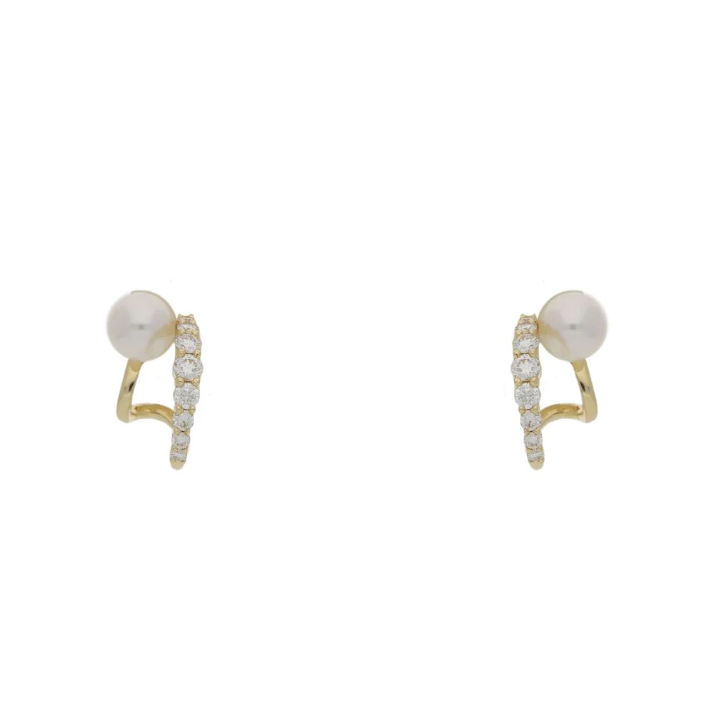 18ct Yellow Gold Pearl and Diamond Double Huggie Hoops - Image 3