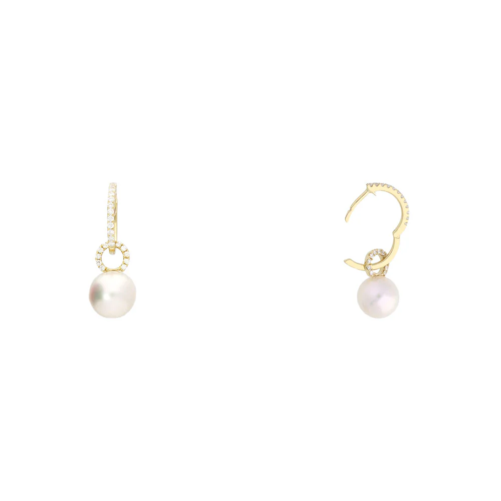 18ct Yellow Gold Pearl and Diamond Pave Drop Earrings - Image 2
