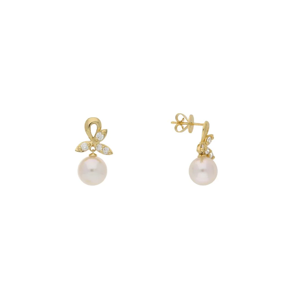 18ct Yellow Gold Pearl with Diamond Leaf Earrings