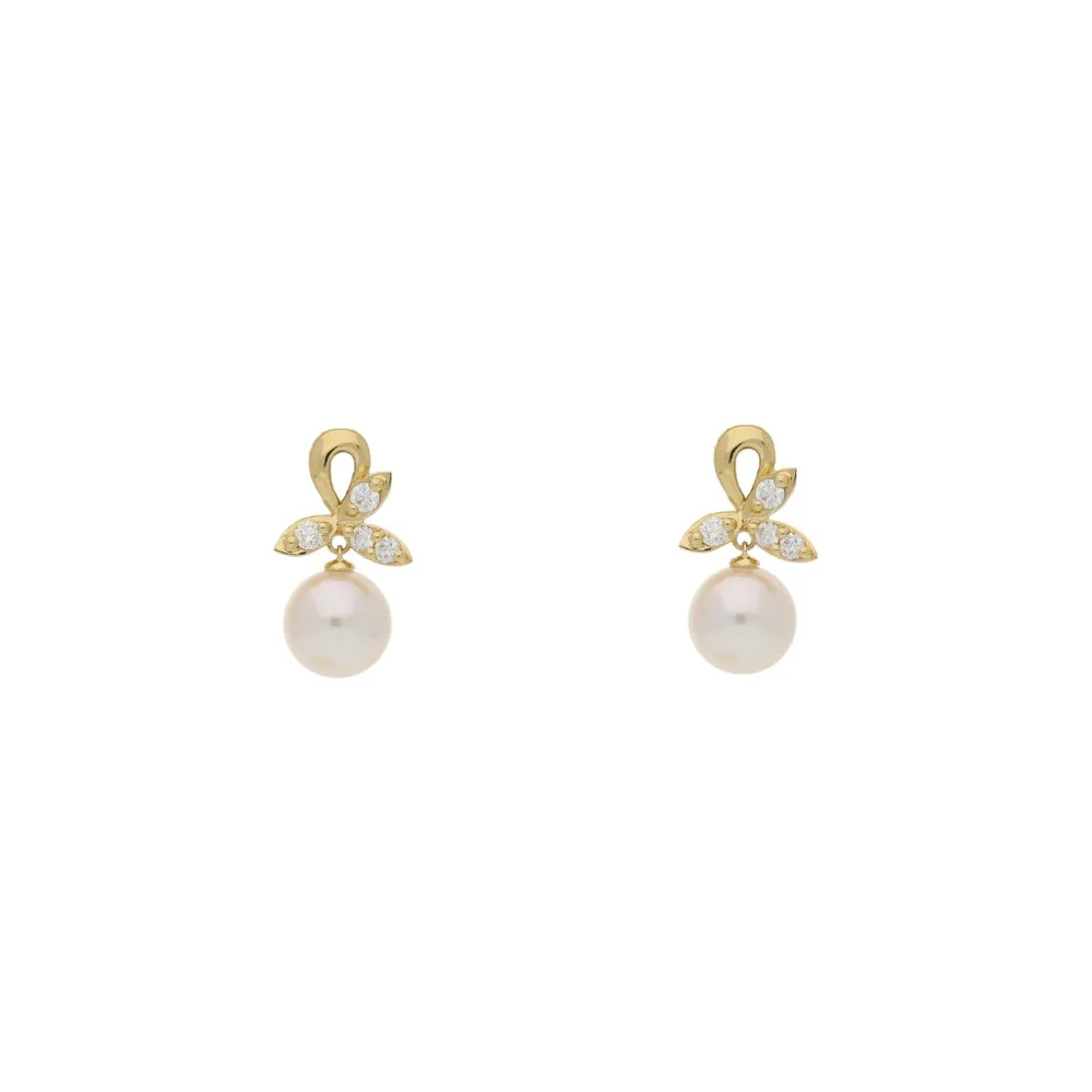 18ct Yellow Gold Pearl with Diamond Leaf Earrings - Image 3