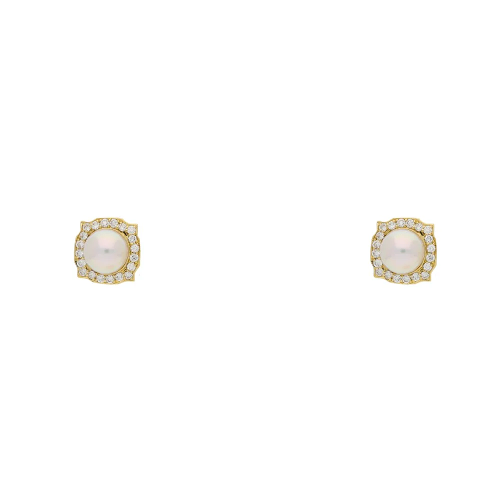 18ct Yellow Gold Pearl with Square Halo Earrings