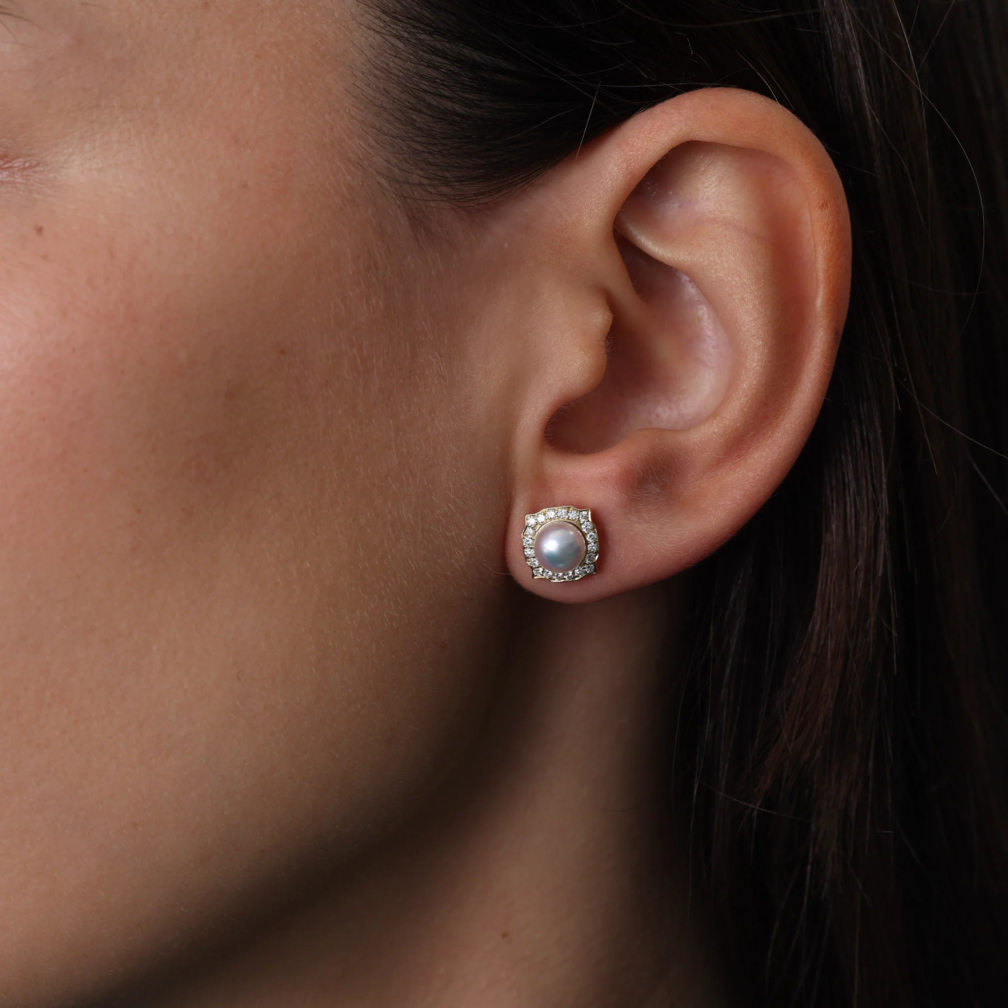 18ct Yellow Gold Pearl with Square Halo Earrings - Image 3