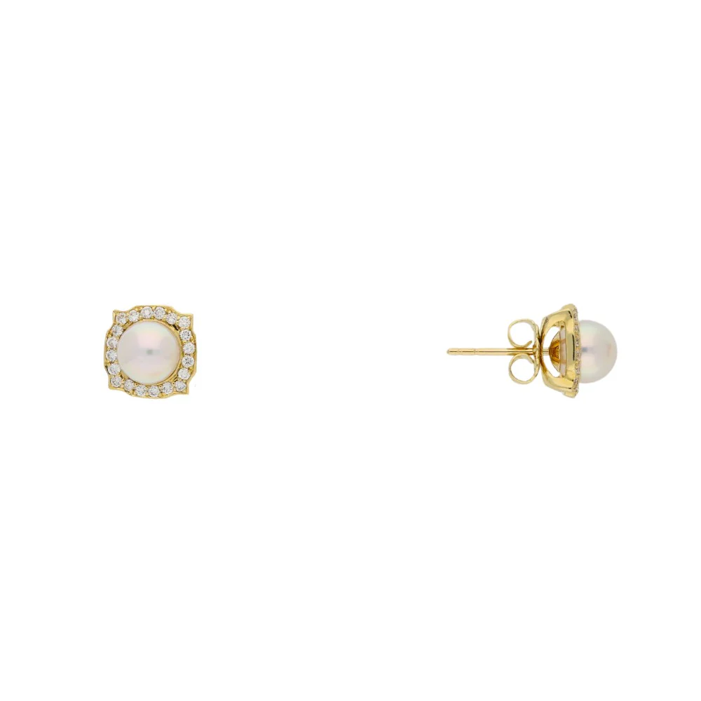 18ct Yellow Gold Pearl with Square Halo Earrings - Image 5