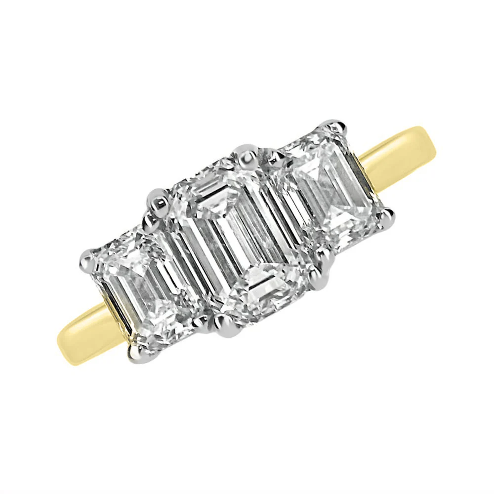 18ct Yellow Gold Three Stone Emerald Cut Diamond Engagement Ring