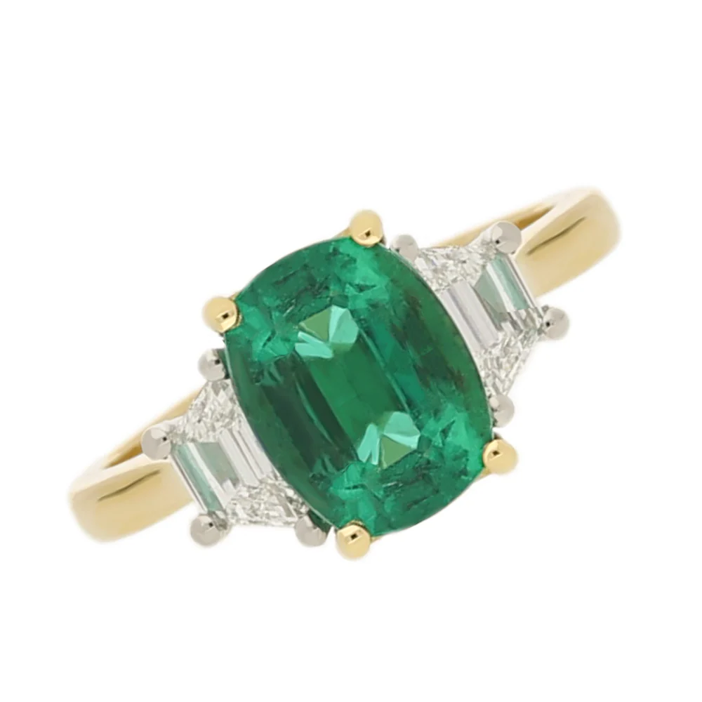 18ct Yellow Gold Three Stone Emerald & Diamond Engagement Ring