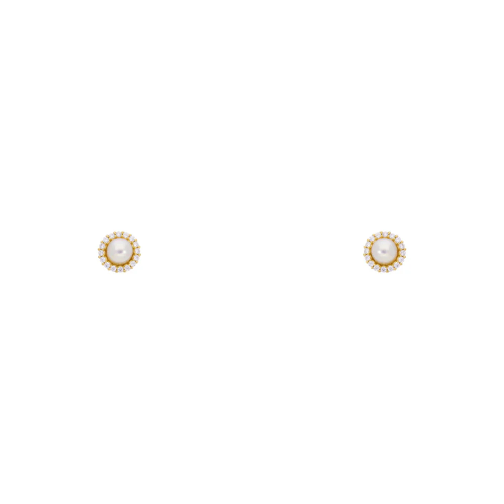 9ct Gold Pearl and CZ Halo Stud Earrings