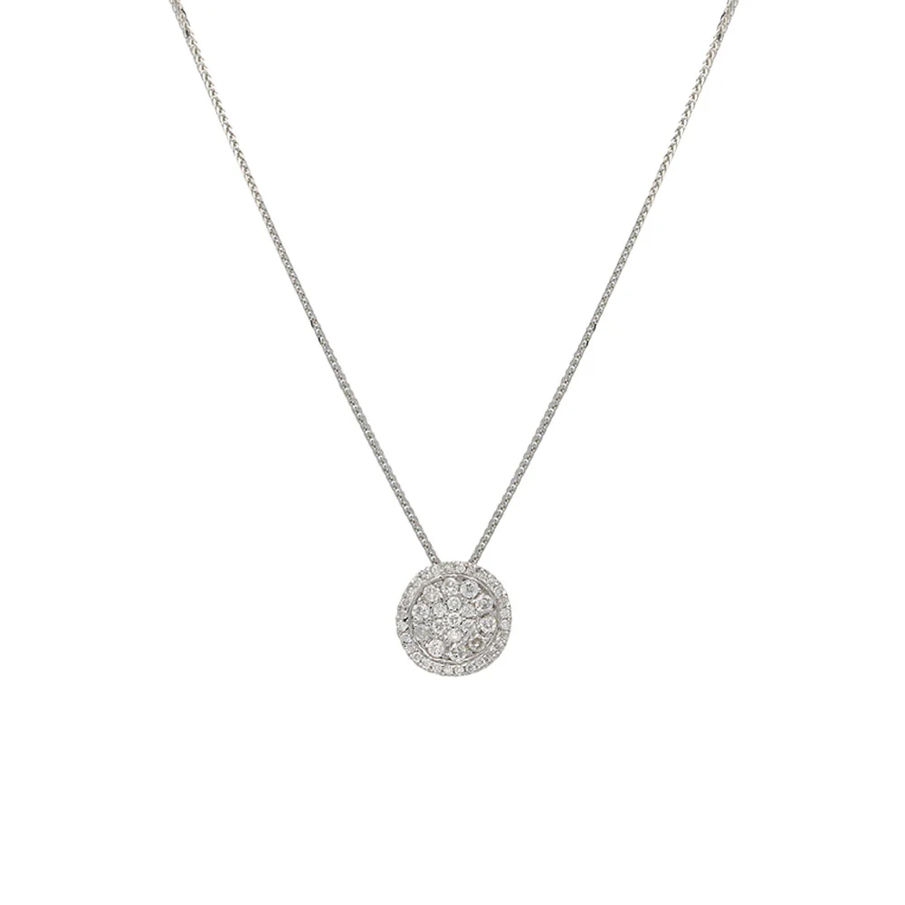 9ct White Gold Diamond Pave Disc with Diamond Halo Pendant