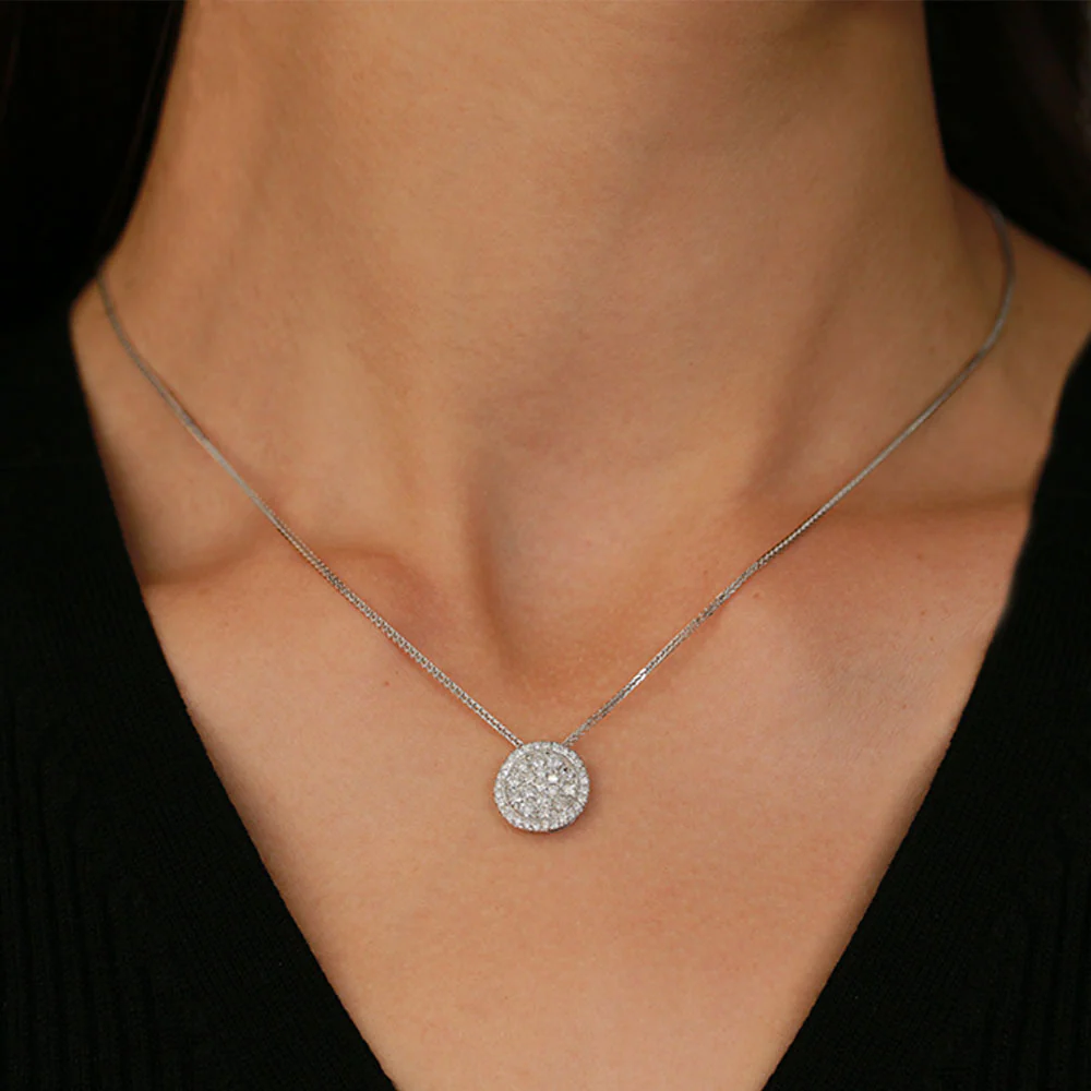 9ct White Gold Diamond Pave Disc with Diamond Halo Pendant - Image 2