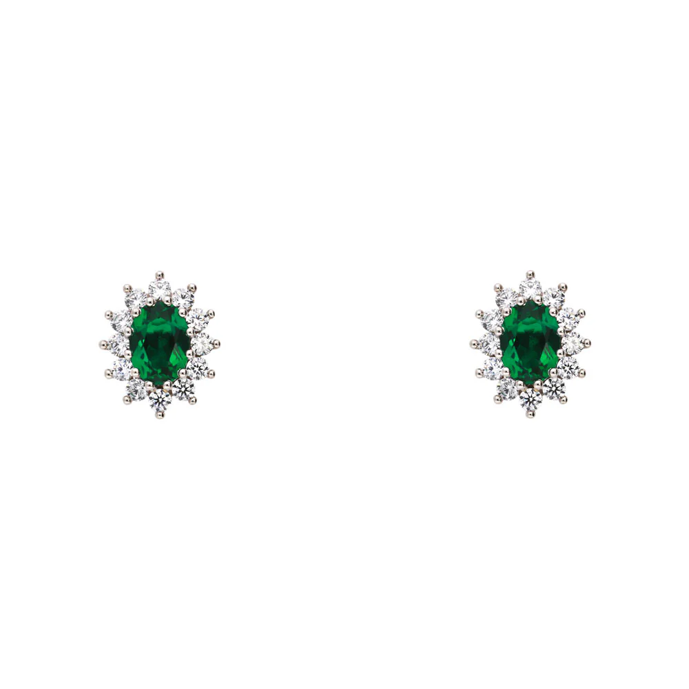 9ct White Gold Oval Emerald CZ Halo Earrings