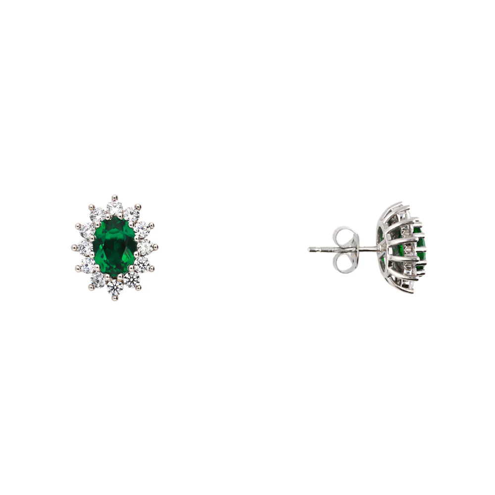 9ct White Gold Oval Emerald CZ Halo Earrings - Image 2